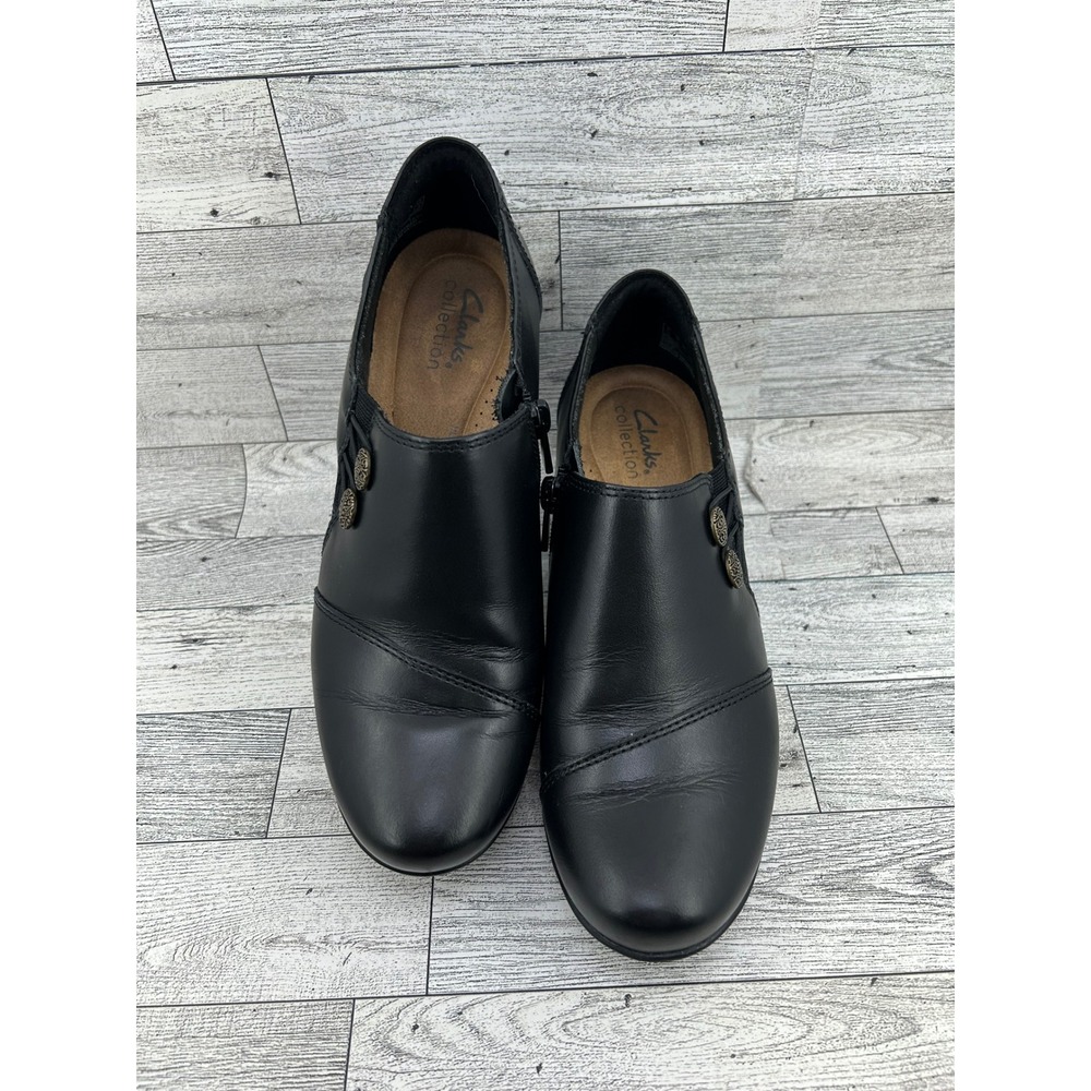 Clarks Collection Women Black Leather Zip Block Heel Shooties Booties Sz 7M